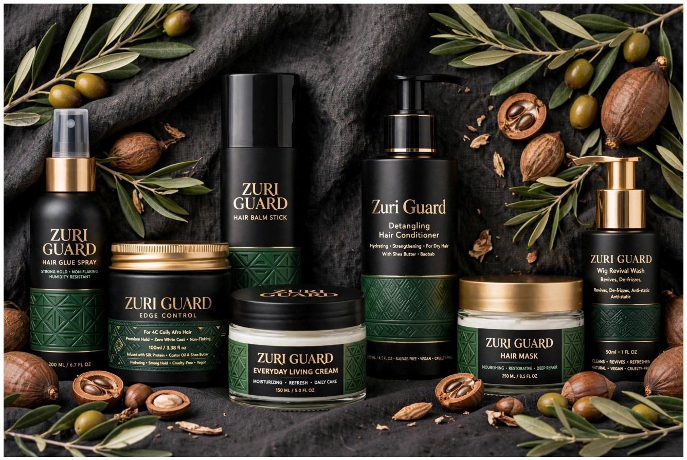 ZURI GUARD products arranged as a year-round collection for harsh weather hair care