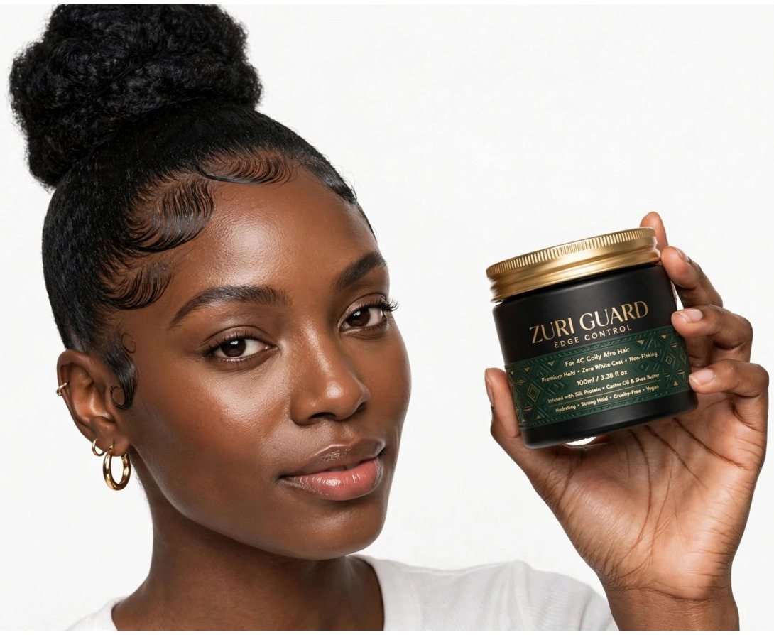 A woman with beautifully laid edges holding ZURI GUARD Edge Control