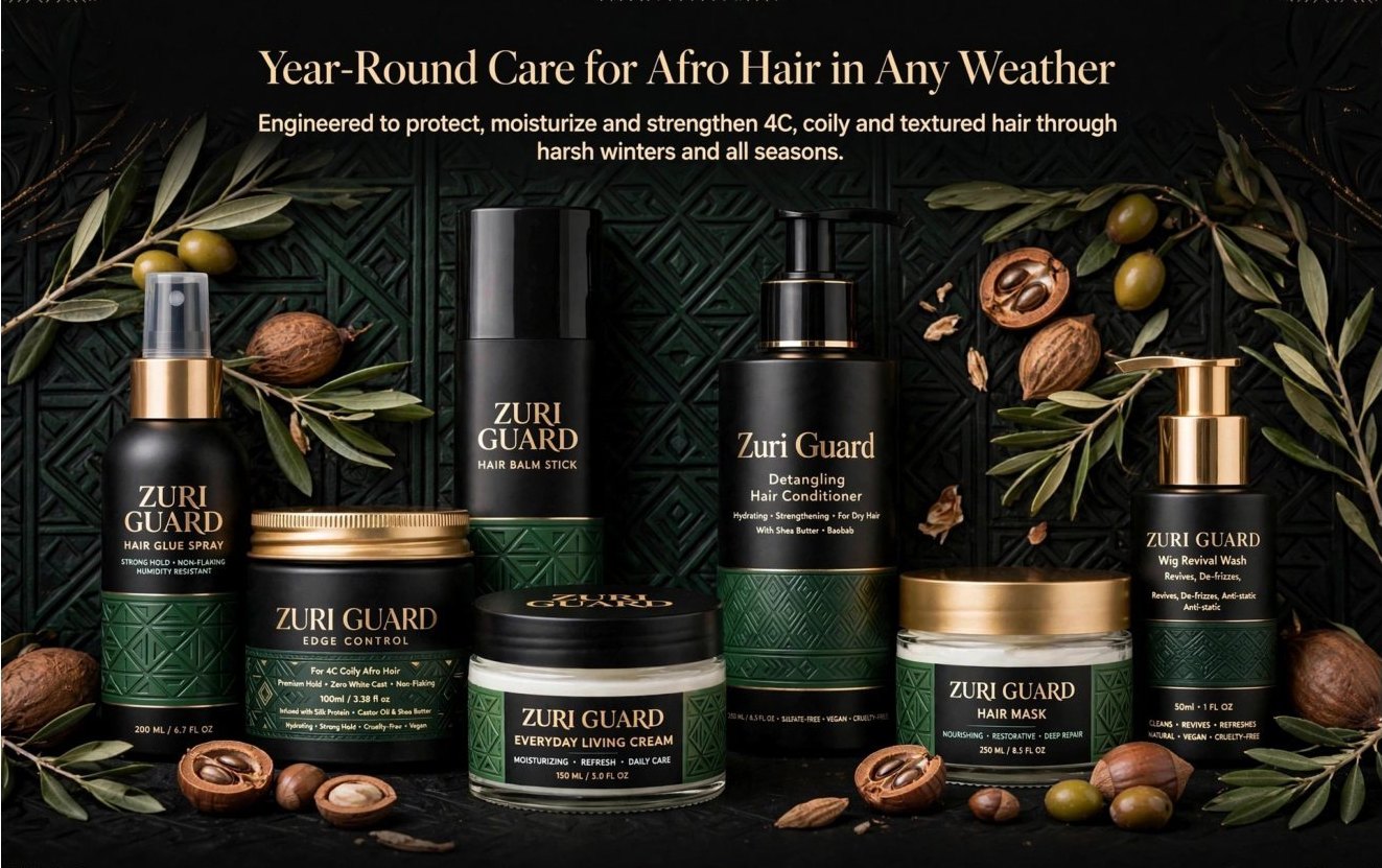 The ZURI GUARD collection for Afro and textured hair photographed on a matte black background